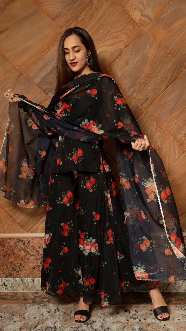 Jet Black Floral Printed Organza Indo Western Set