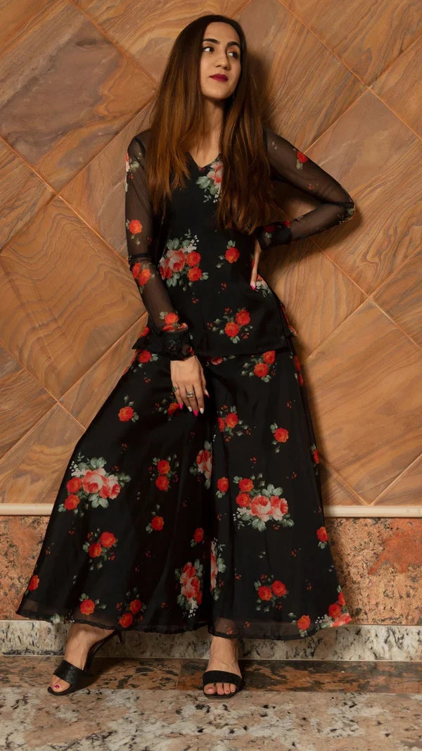 Jet Black Floral Printed Organza Indo Western Set