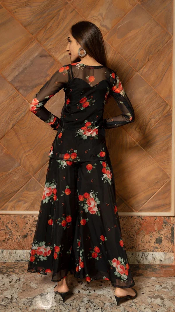Jet Black Floral Printed Organza Indo Western Set