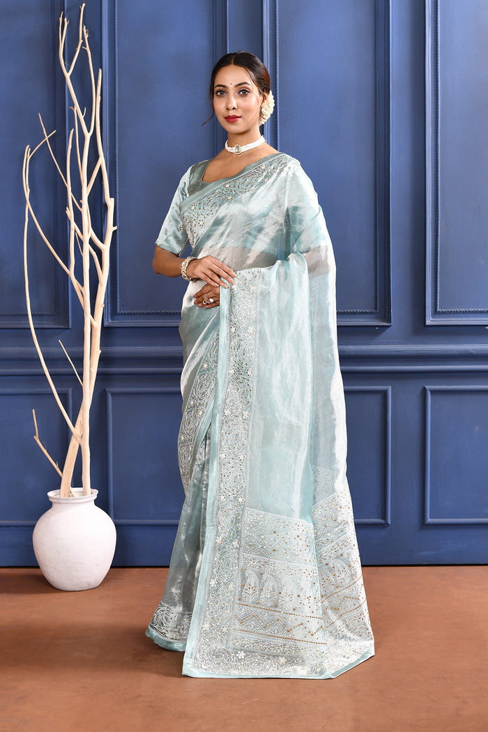 Jewel Blue Printed Foil Tissue Saree