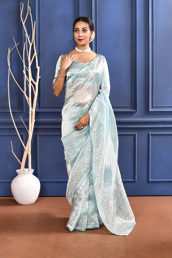 Jewel Blue Printed Foil Tissue Saree