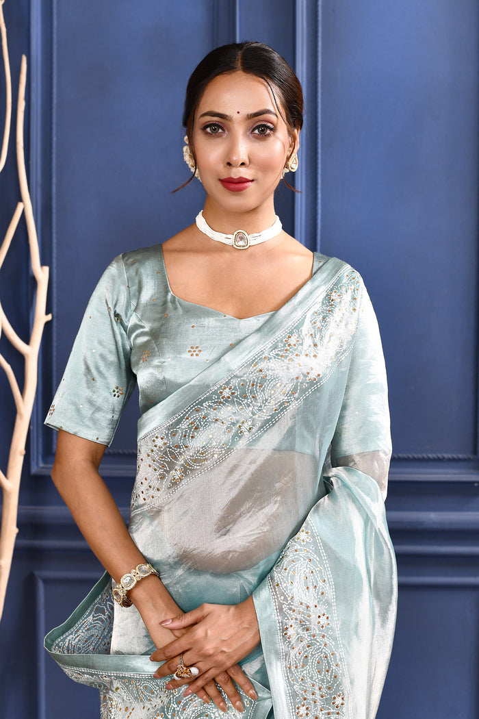 Jewel Blue Printed Foil Tissue Saree