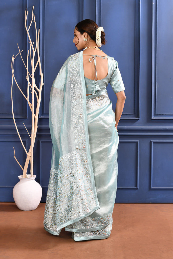 Jewel Blue Printed Foil Tissue Saree
