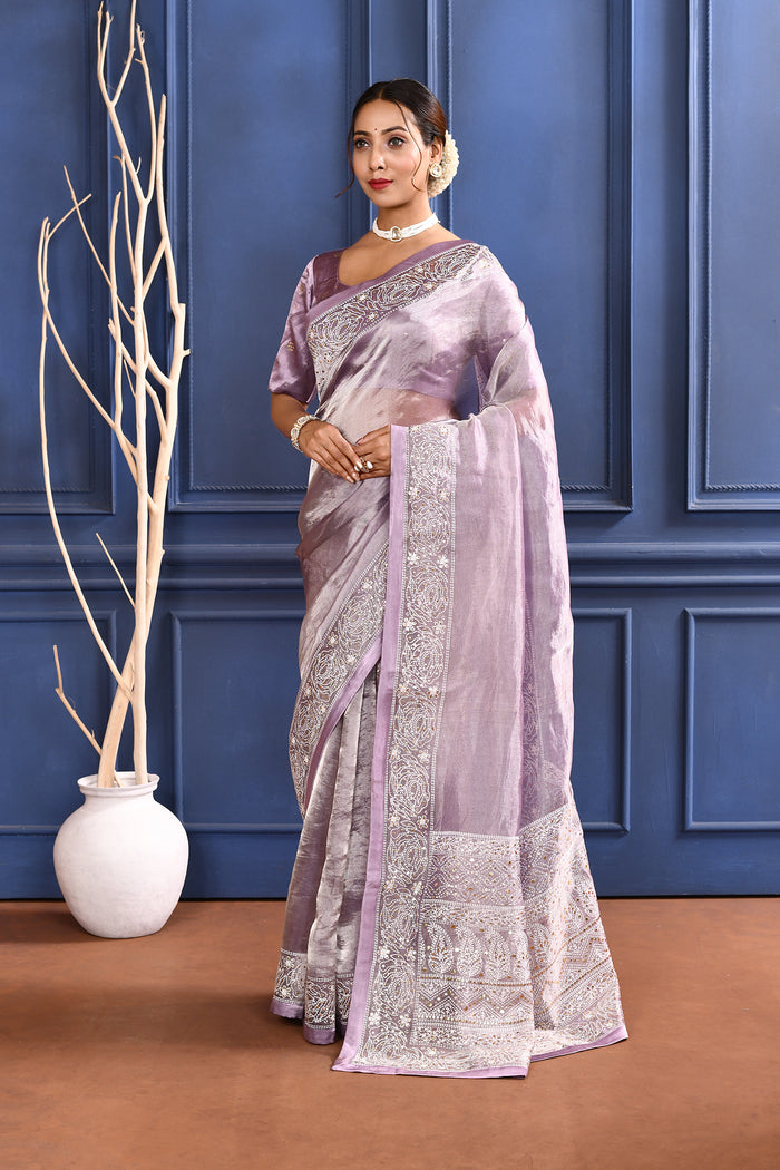 Jewel Purple Printed Foil Tissue Saree