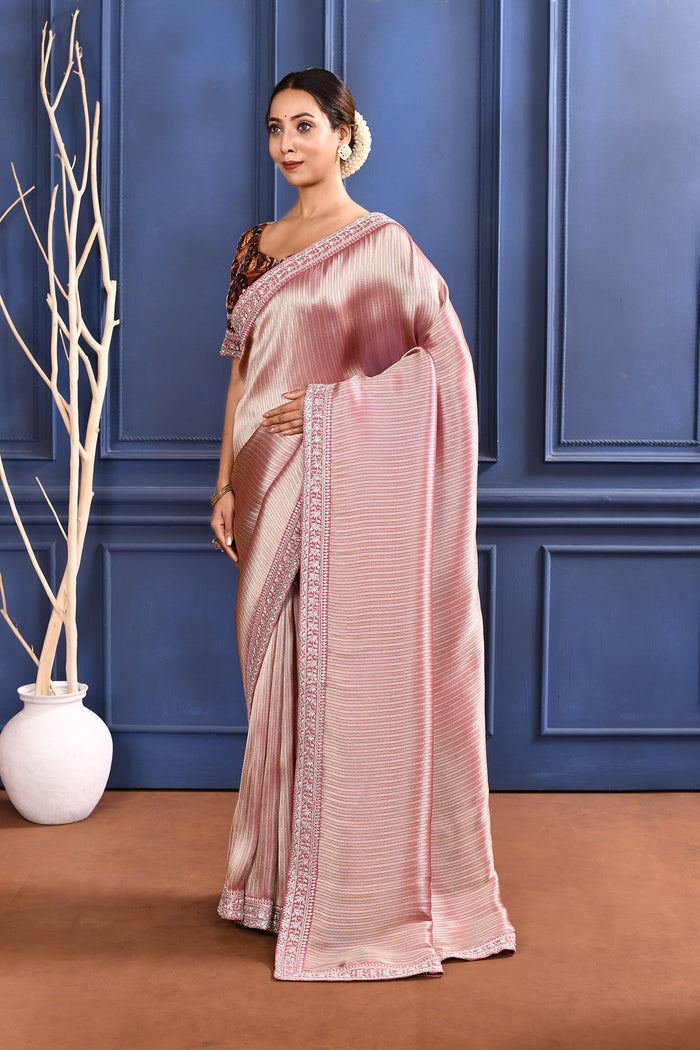 Jewel Soft Pink Tissue Saree With Embroidered Border