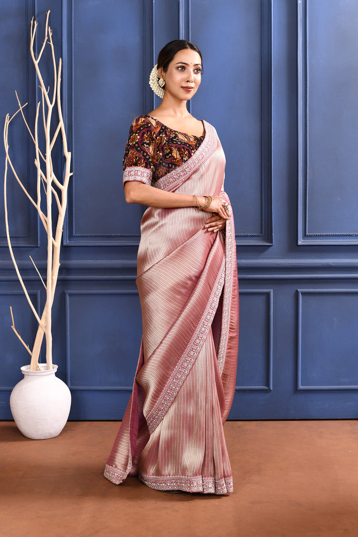 Jewel Soft Pink Tissue Saree With Embroidered Border