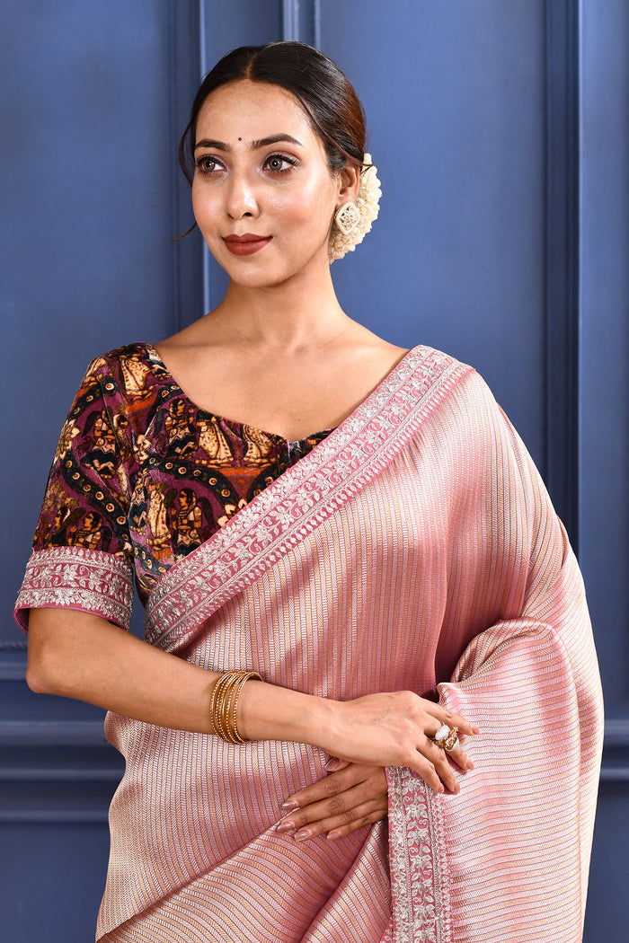 Jewel Soft Pink Tissue Saree With Embroidered Border