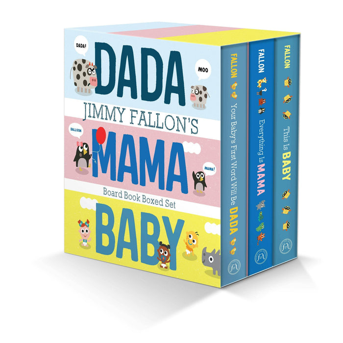 Board book boxed set titled 'Dada, Jimmy Fallon's Mama, Baby' with colorful design on a white background