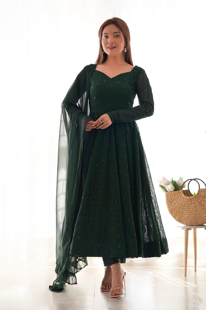 Jungle Green Georgette Embroidered Anarkali Set