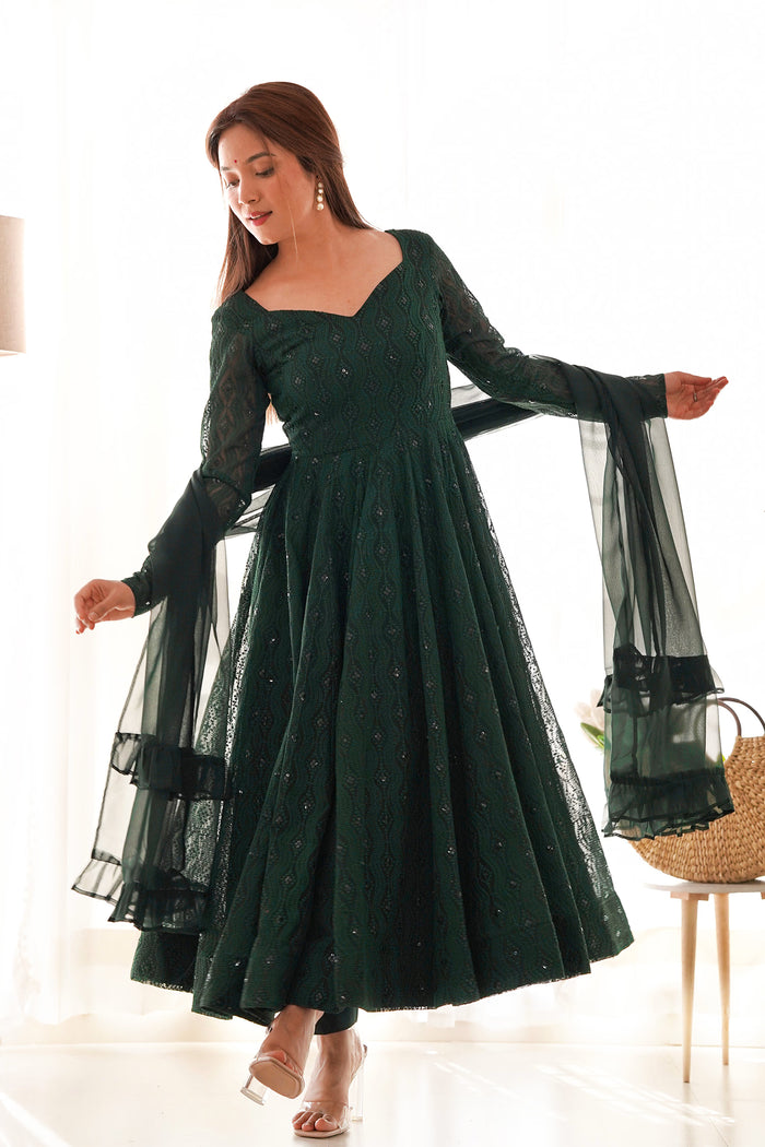 Jungle Green Georgette Embroidered Anarkali Set