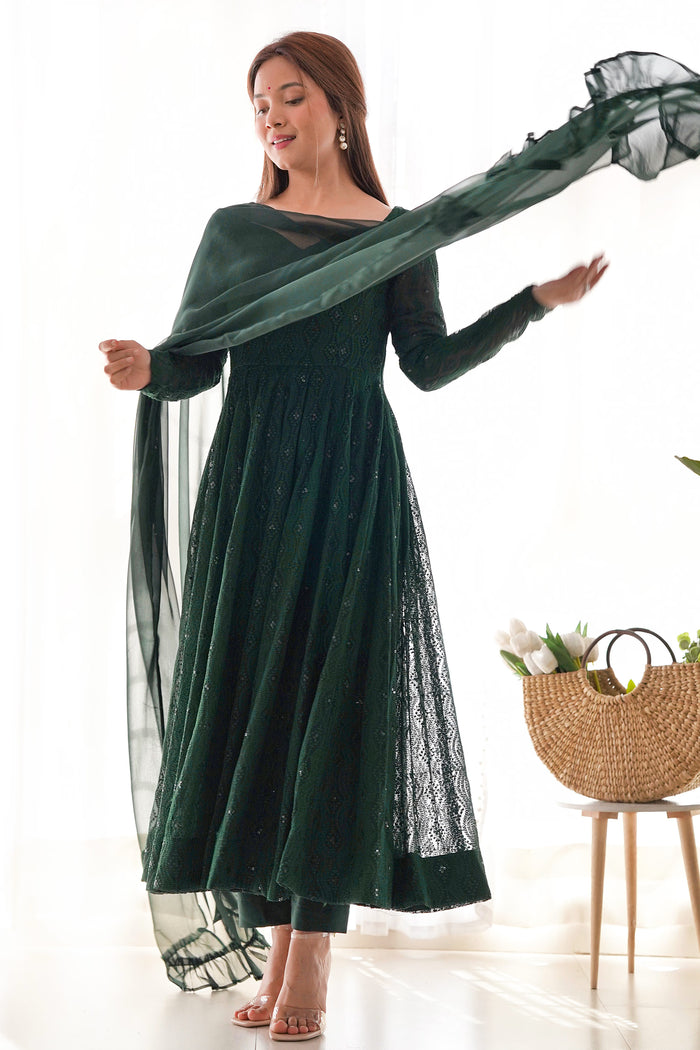 Jungle Green Georgette Embroidered Anarkali Set