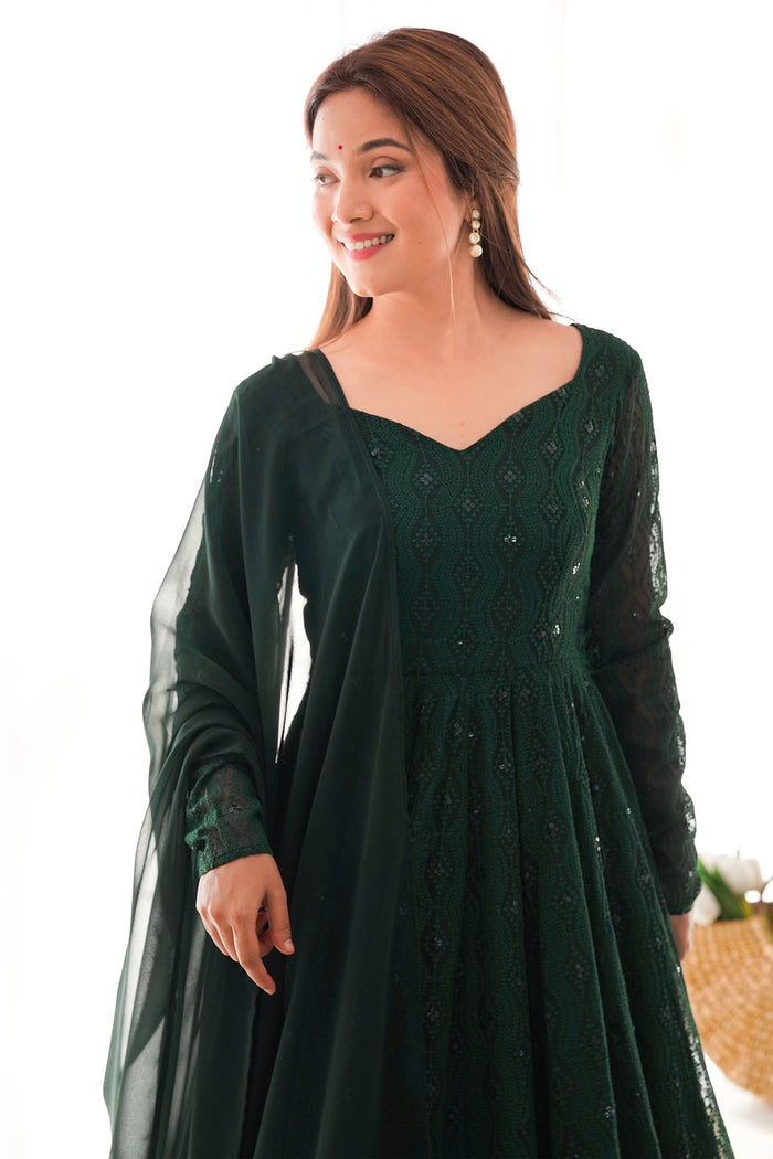 Jungle Green Georgette Embroidered Anarkali Set