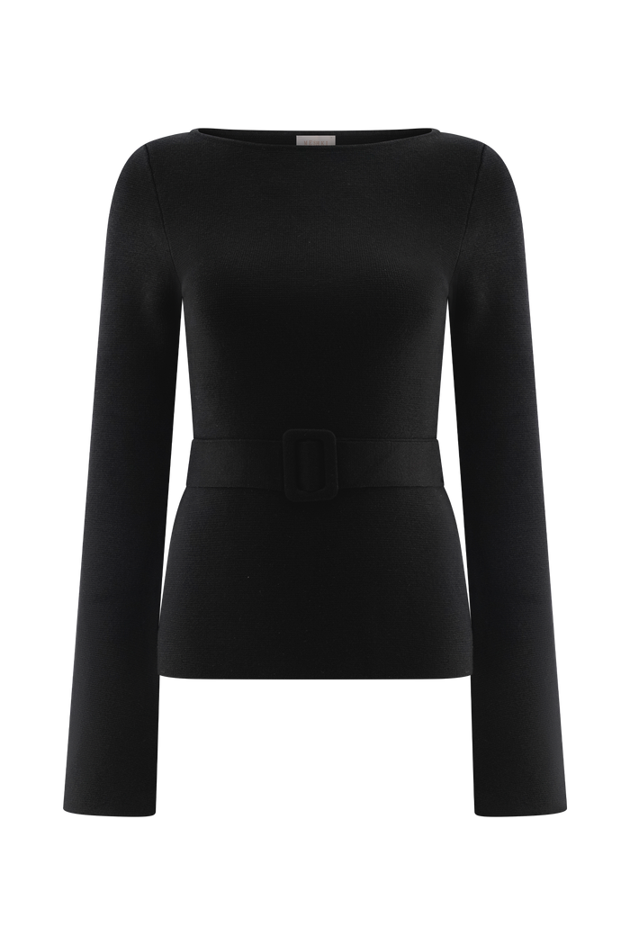 Justine Belted Knit Top - Black