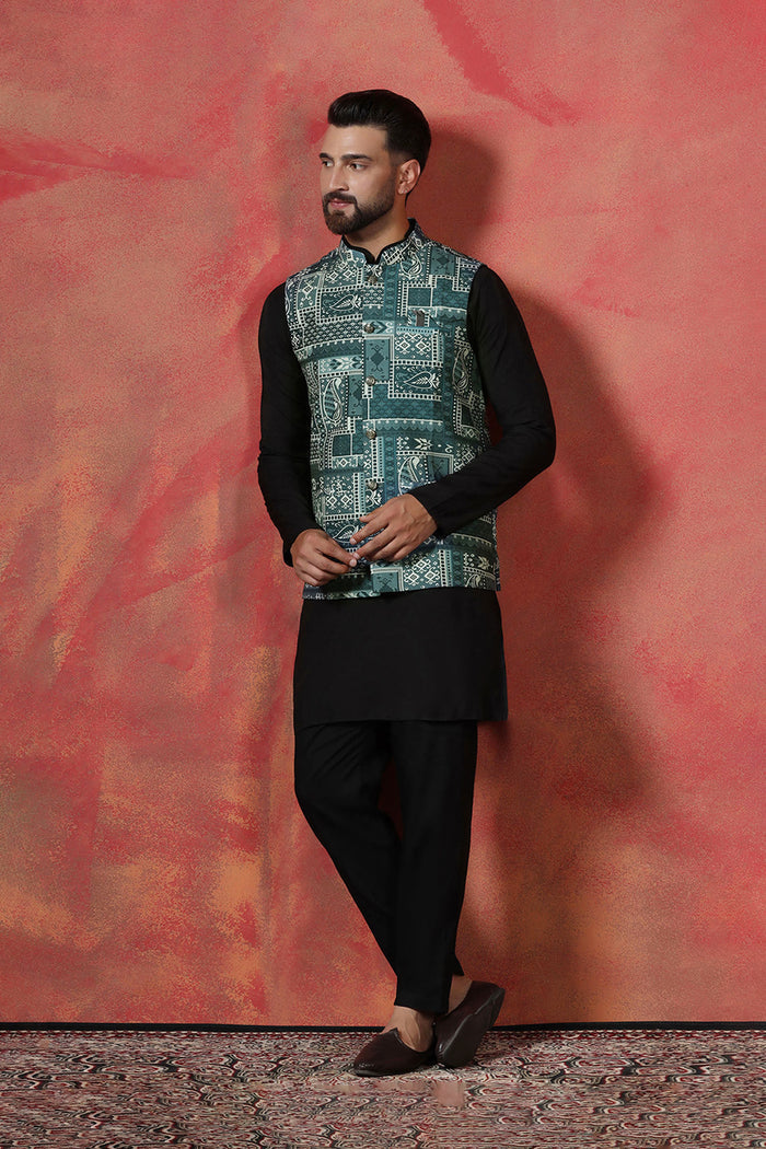 Jute Black Cotton Blend Kurta Set With Embroidered Nehru Jacket