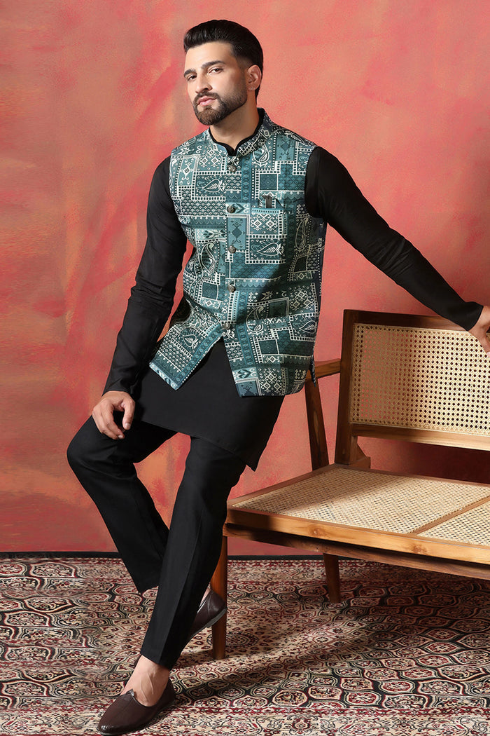 Jute Black Cotton Blend Kurta Set With Embroidered Nehru Jacket