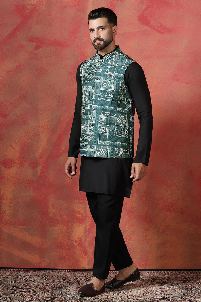 Jute Black Cotton Blend Kurta Set With Embroidered Nehru Jacket