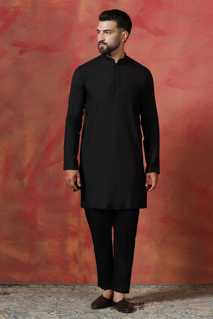 Jute Black Cotton Blend Kurta Set With Embroidered Nehru Jacket