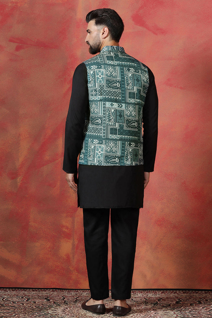 Jute Black Cotton Blend Kurta Set With Embroidered Nehru Jacket