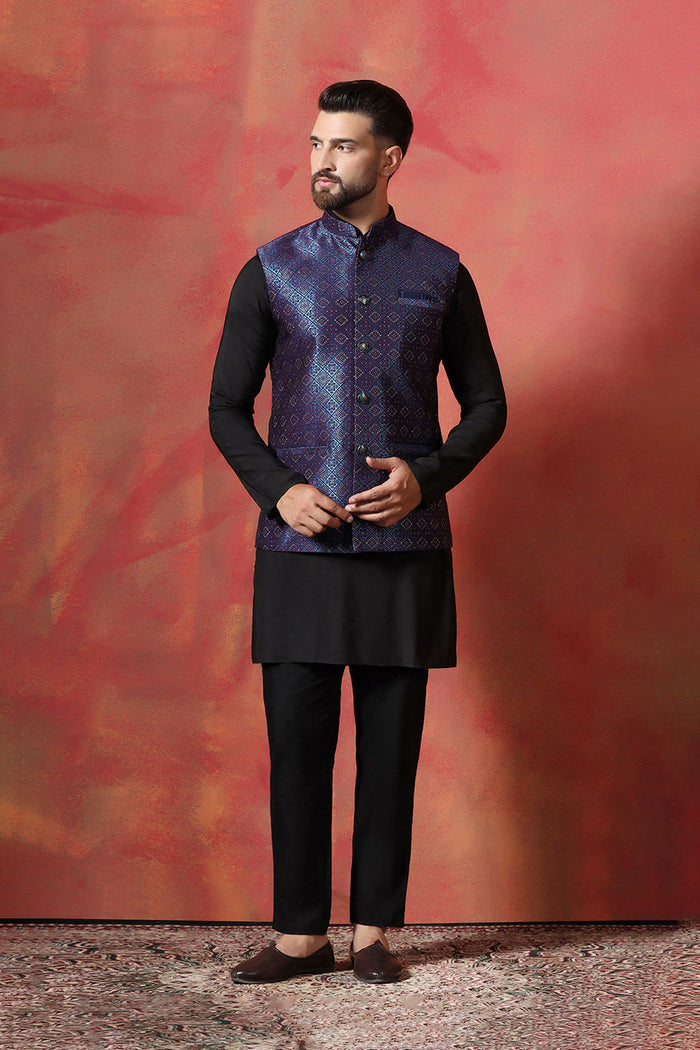 Jute Black Kurta Set With Jacquard Embroidered Nehru Jacket