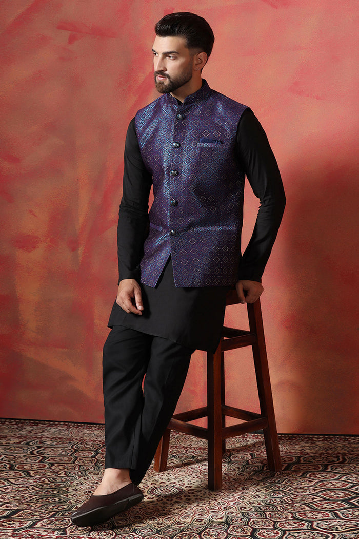 Jute Black Kurta Set With Jacquard Embroidered Nehru Jacket