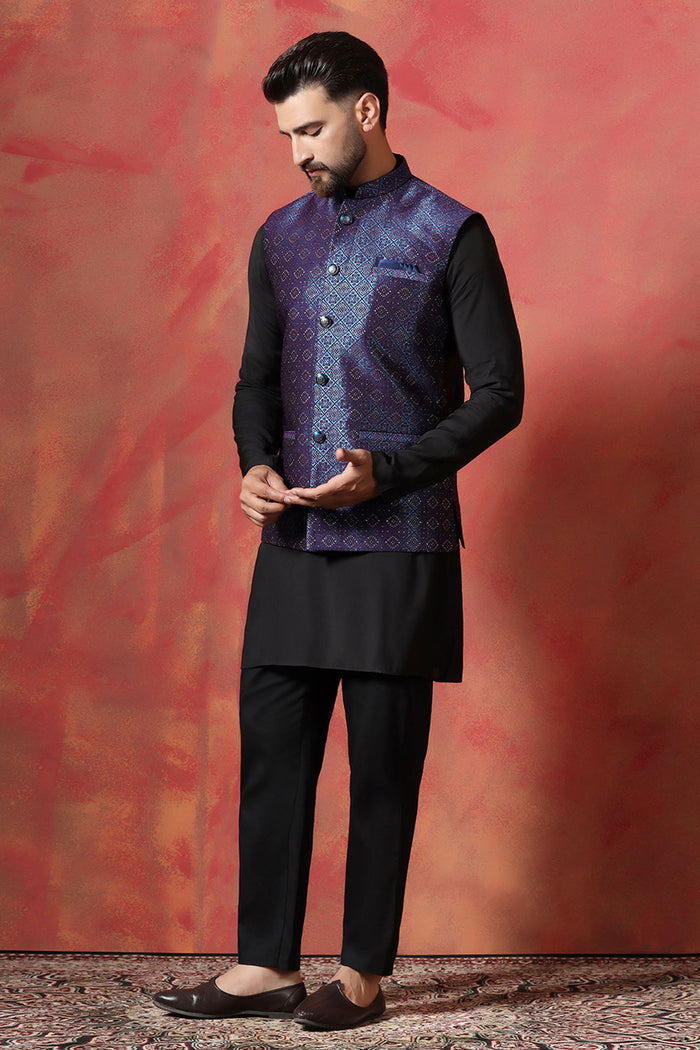 Jute Black Kurta Set With Jacquard Embroidered Nehru Jacket