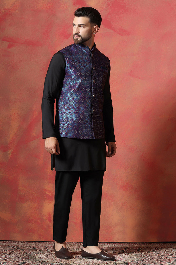 Jute Black Kurta Set With Jacquard Embroidered Nehru Jacket