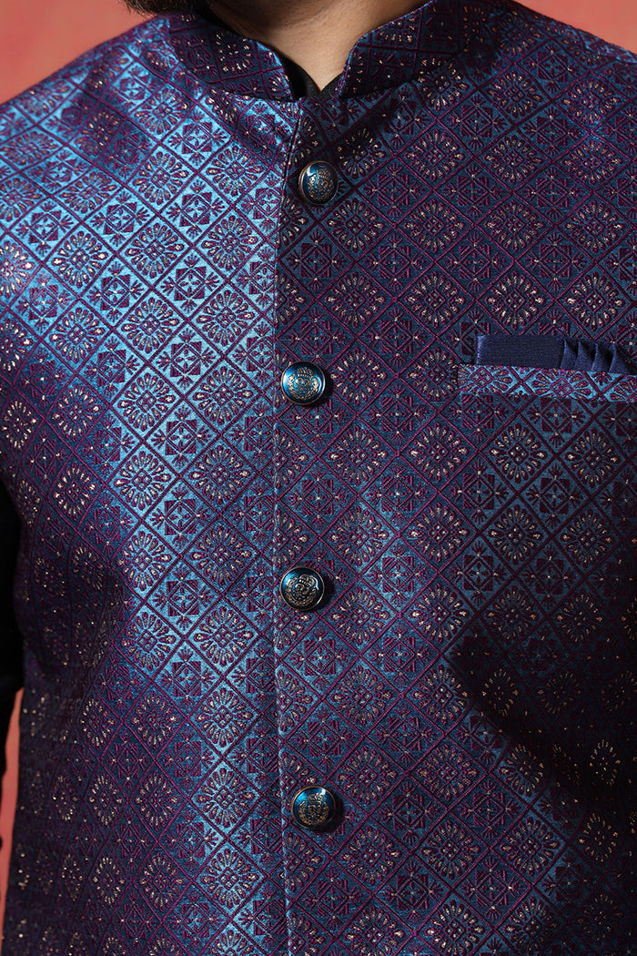 Jute Black Kurta Set With Jacquard Embroidered Nehru Jacket