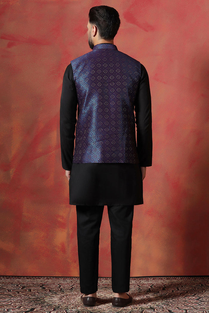 Jute Black Kurta Set With Jacquard Embroidered Nehru Jacket