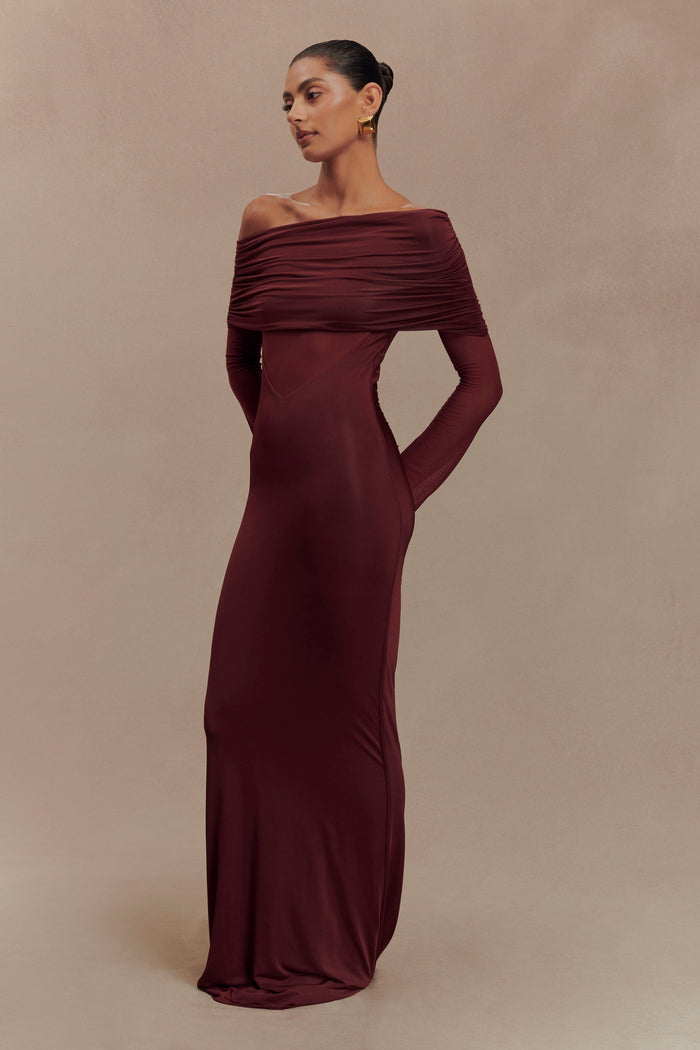 Kaitlin One Shoulder Slinky And Mesh Maxi Dress - Burgundy