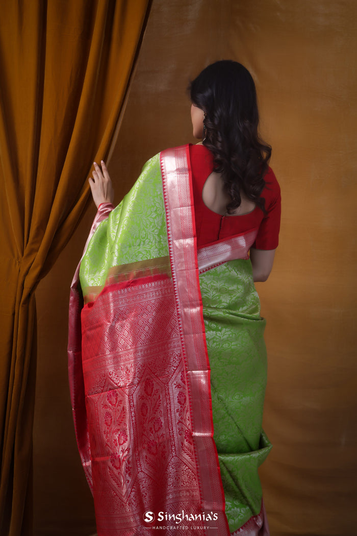 Kelly Green Kanjivaram Silk Saree With Floral Jaal Design