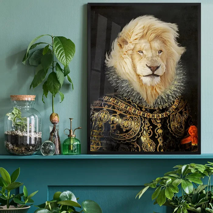 King Lion Portrait Print, quirky altered art print black framed on a living room shelf