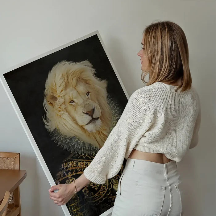 King Lion Portrait Print held up against a living room wall