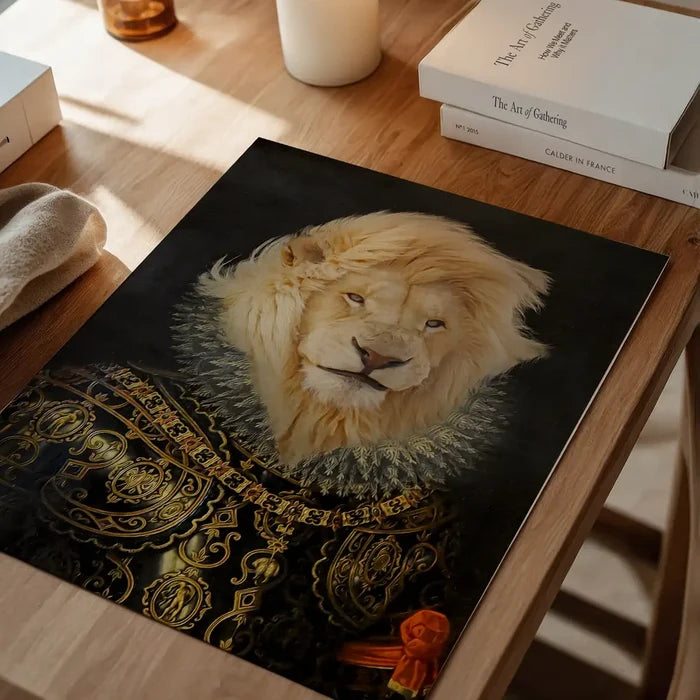 King Lion Portrait Print, quirky altered art print unframed on a home office desk