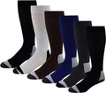 A set of knee-high compression socks in black, white, blue, and gray colors, displayed side by side.