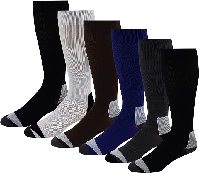 A set of knee-high compression socks in black, white, blue, and gray colors, displayed side by side.