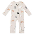 A long-sleeve baby footless one-piece sleeper in cream, featuring an all-over print of cartoon cats in various poses and colors, with a front zipper closure.