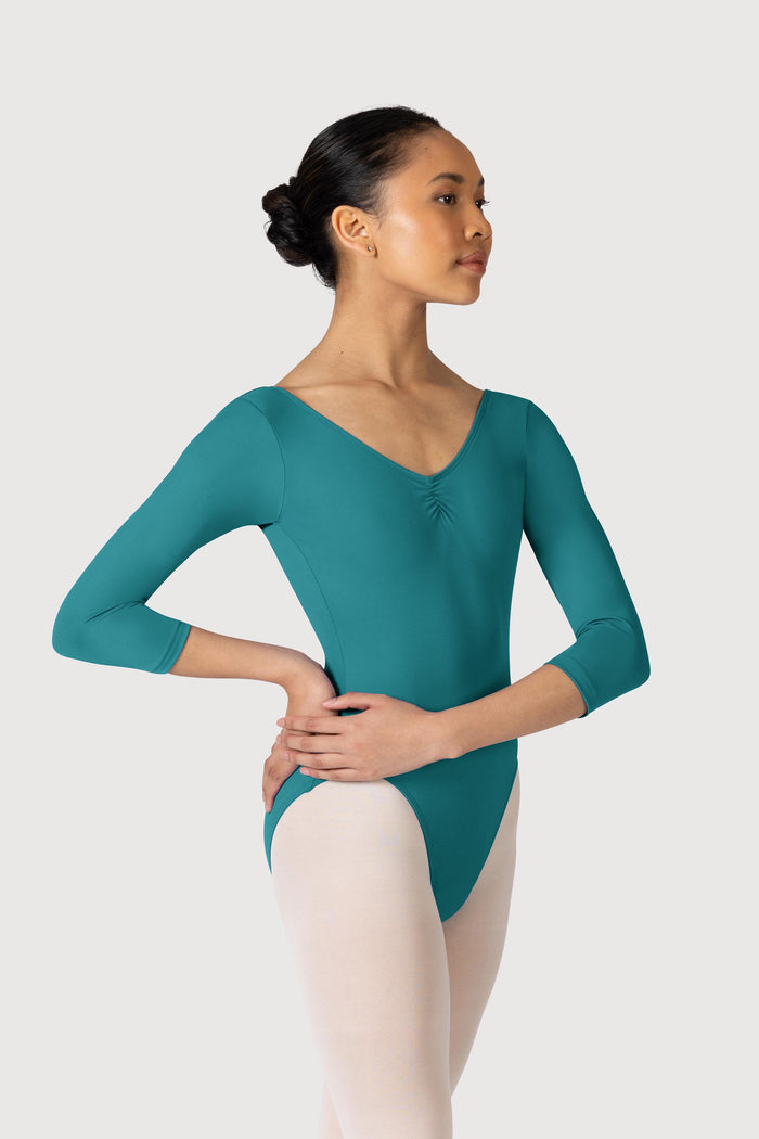 L3839LI - Bloch Microlux™ Nona Gathered Front & Back Womens ¾ Sleeve Leotard