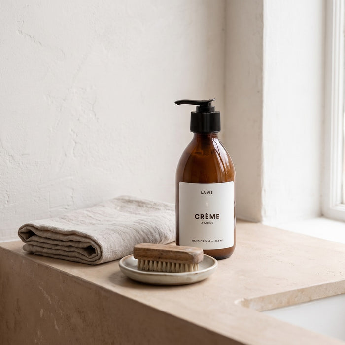 La Vie Hand Cream Bottle, styled at home