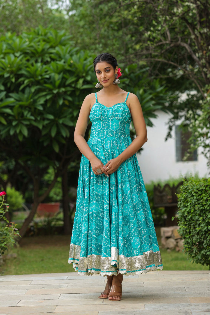 Lagoon Blue Cotton Floral Printed Gown Set
