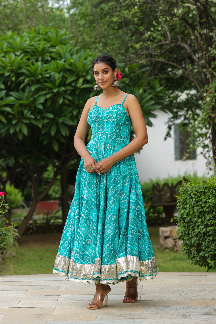 Lagoon Blue Cotton Floral Printed Gown Set