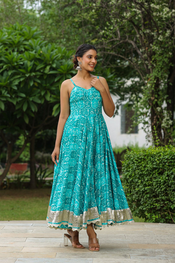 Lagoon Blue Cotton Floral Printed Gown Set