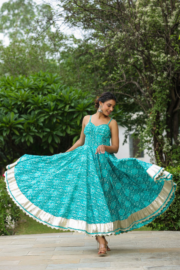 Lagoon Blue Cotton Floral Printed Gown Set
