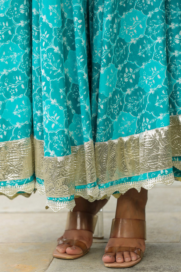 Lagoon Blue Cotton Floral Printed Gown Set