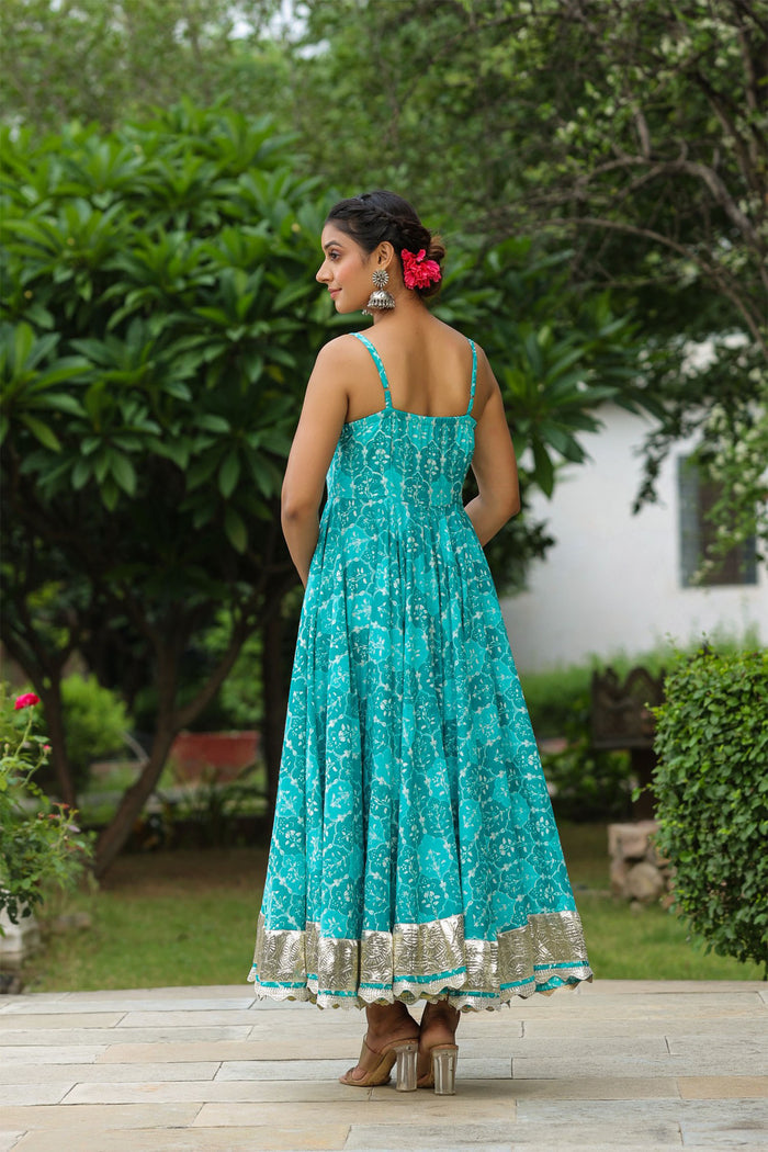 Lagoon Blue Cotton Floral Printed Gown Set