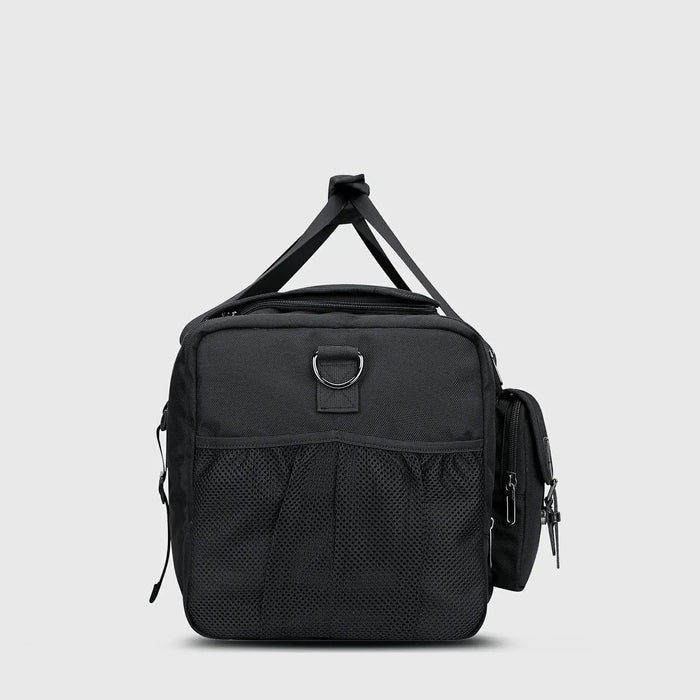 WITZMAN 54L black travel duffel bag for men with shoe compartment and wet-dry pocket side