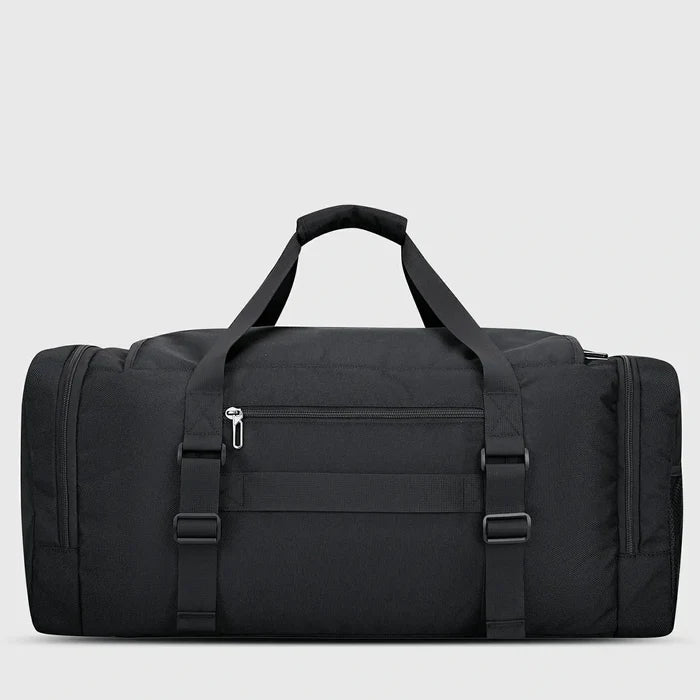 WITZMAN 54L black travel duffel bag for men with shoe compartment and wet-dry pocket back