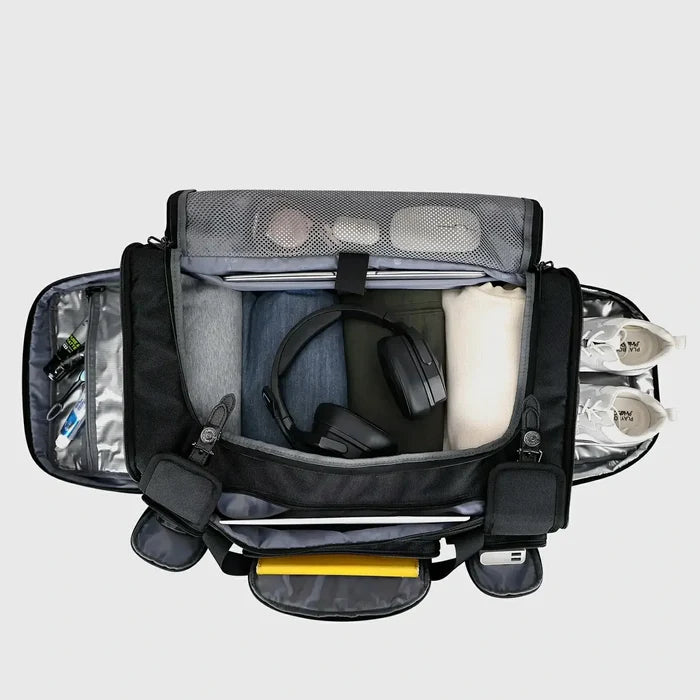 WITZMAN 54L black travel duffel bag for men with shoe compartment and wet-dry pocket main