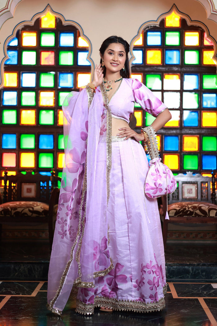 <img> Lavender Chanderi Lehenga Set With Floral Printed