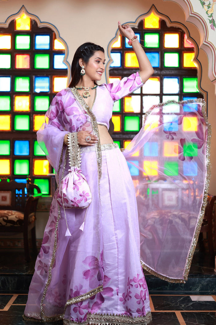 <img> Lavender Chanderi Lehenga Set With Floral Printed