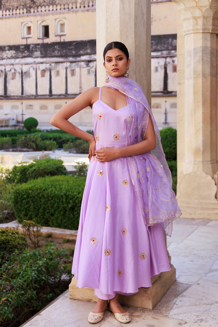 Lavender Cotton Silk Kurta Set With Organza Dupatta